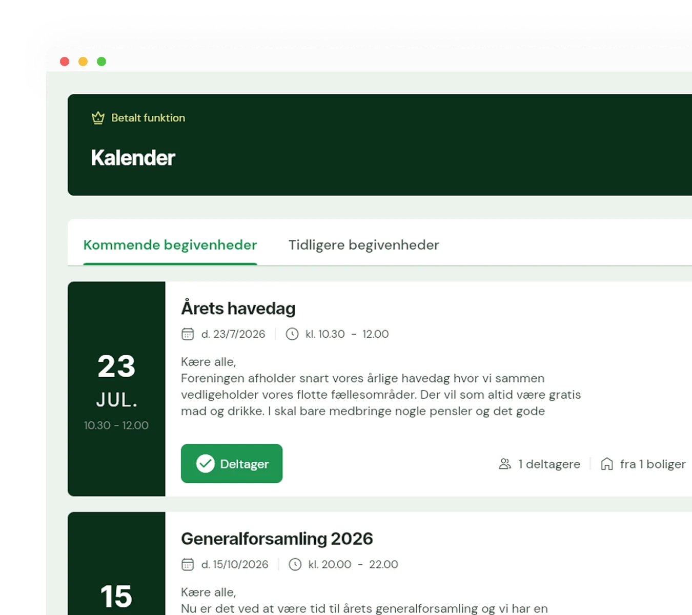 Foreningskalenderen i Unyti med knappen Deltager